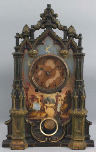 Rare Antique T.  Kennedy American Painted Cast Iron Gothic Castle Mantle Clock Nr