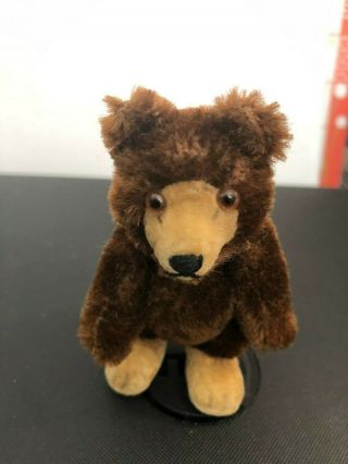 Vintage Miniature Steiff Mohair Teddy Baby Bear Dk Brown Mohair 3.  5” Stands Too