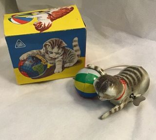 Vtg Kohler Gnk Mechanical Windup Cat Tin Germany Kitten Cat Ball Toy Key Us Zone