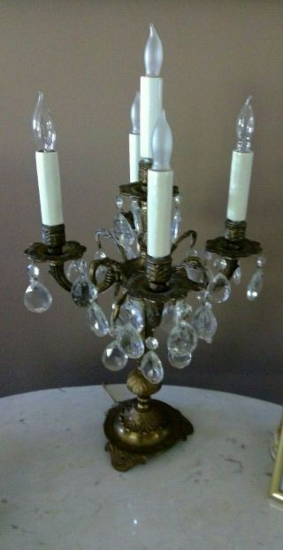 Vintage Brass Candelabra Chandelier Table Lamp,  Light W/ Crystal Prisms