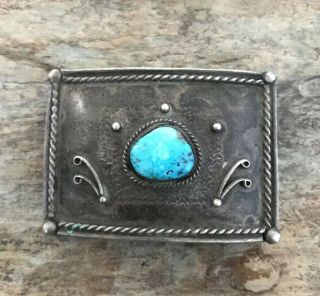 Native American Vintage Old Pawn Sterling Silver Turquoise Belt Buckle.  Rt