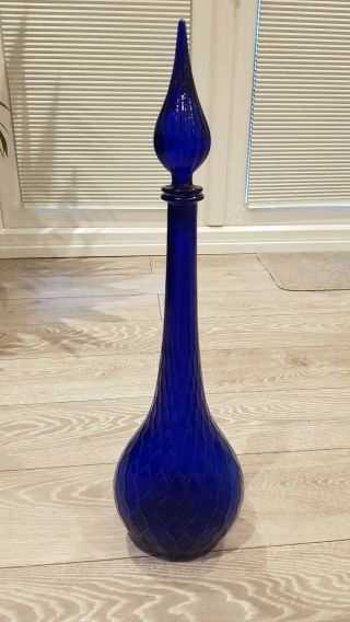 Retro Genie Bottle Bristol Blue Glass Peacock Pattern 26inches Vintage Decanter