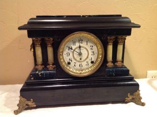 Vintage Seth Thomas Adamantine Mantle Clock Faux Marble Four Column W/lion Heads