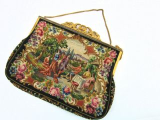 Antique Wiener Wertarbeit Austria Gold - Plated Frame Petit - Point Tapestry Purse
