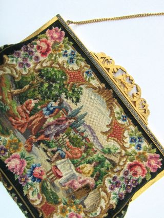 Antique Wiener Wertarbeit Austria Gold - Plated Frame Petit - Point Tapestry Purse 7