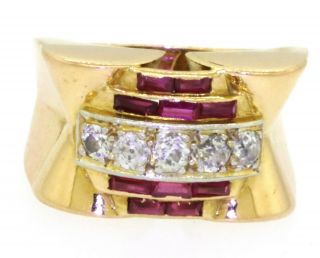Vintage 18k Yellow Gold 0.  95ct Vs1 - H Diamond And Ruby Cocktail Ring Size 4