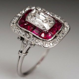 2.  30ct Cushion Cut Diamond And Ruby Vintage Art Deco Engagement Ring 925 Silver