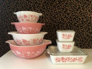 Huge Set Vintage Pyrex Pink Gooseberry Cinderella Mixing Bowls & Fridge Dishes