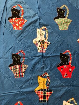 Vtg 40s Kittens In Basket Appliqué Quilt Top Pattern Alice Brooks 79” X 62” Blue 7