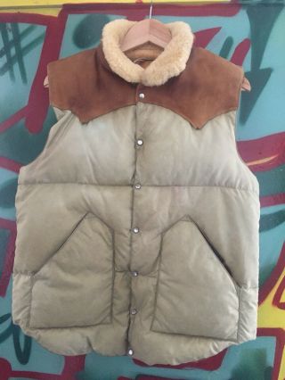Vtg Rocky Mountain Featherbed Christy Vest Tan Shearling Collar Down Leather 42