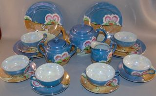 Vintage 23 Piece Lusterware Dishes Tea Set Iridescent Blue Cottage Scene Nippon