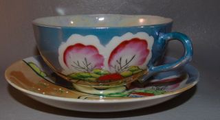 Vintage 23 Piece Lusterware Dishes Tea Set Iridescent Blue Cottage Scene Nippon 6