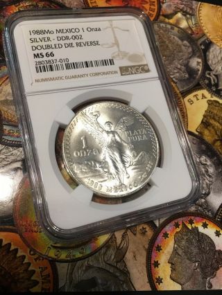1988 Mexico Silver Libertad,  Double Die 002 Ngc Ms66 Rare Variety