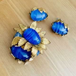 Vintage Miriam Haskell Gold Leaves Blue Art Glass Brooch Earrings Set