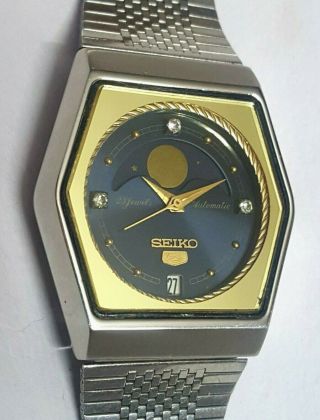 Vintage S Steel Seiko Automatic Moon Phase Date Watch Ref 6347 600a