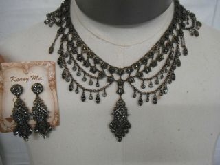 Vtg Kenny Ma Gray Swarovski Crystal Bib Swag Necklace W/chandelier Earrings - Gg
