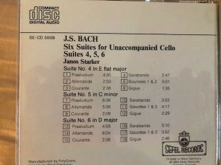 Janos Starker Bach 6 Suites for Cello SEFEL Records W.  Germany RARE 2