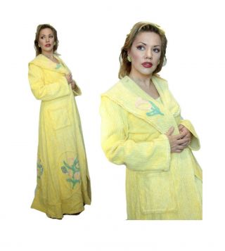 Chenille Yellow Bathrobe Towelling 1950s Green Pink Floral Waffle Dressing Gown