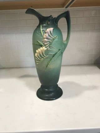 Tall Green Roseville Pottery Vase Ewer " Freesia " 15 " Vintage 21 - 15 Please Read