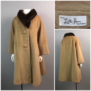 Vintage 50s Lilli Ann Tan Wool Fur Collar Swing Coat Button Up A Line Designer L