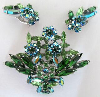 Sherman Rare Vintage Pendant - Brooch And Clips Set With Light And Dark Peridote G