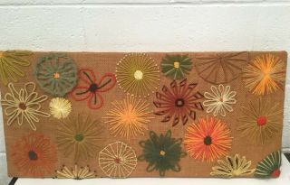 Vintage Retro Crewel Yarn Art Burlap Hippie Boho Mcm 60s 70s Flowers Wall Decor