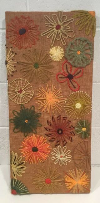 Vintage Retro Crewel Yarn Art Burlap Hippie Boho MCM 60s 70s Flowers Wall Decor 2