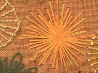 Vintage Retro Crewel Yarn Art Burlap Hippie Boho MCM 60s 70s Flowers Wall Decor 4