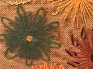 Vintage Retro Crewel Yarn Art Burlap Hippie Boho MCM 60s 70s Flowers Wall Decor 5