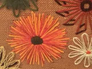 Vintage Retro Crewel Yarn Art Burlap Hippie Boho MCM 60s 70s Flowers Wall Decor 6