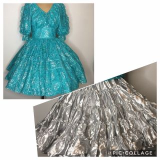 Vtg 80s Lace Square Dance Dress Petticoat 10 Teal Green Silver Lame Texas
