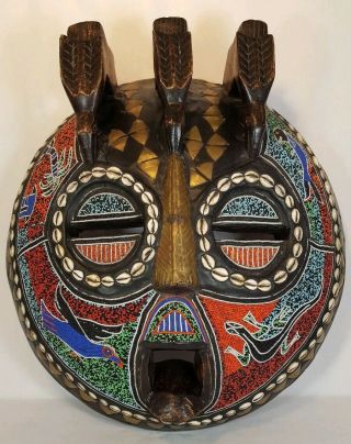 Huge 22 Inch Vintage Wood Carved African Beaded Mask Cowrie Shells God Of Sun