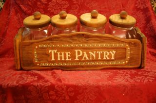 Glass Slanted Canisters Wooden Rack Wooden Lids 4 " The Pantry " Vintage