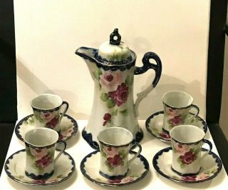 Vintage Hand Painted Nippon Chocolate Pot & 5 Cups 5 Saucers
