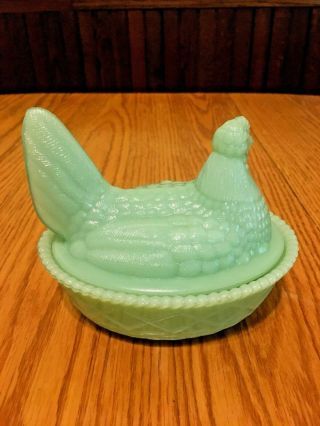Vintage Westmoreland Glass Green Jadeite Hen on Nest Covered Candy/Butter Dish 2