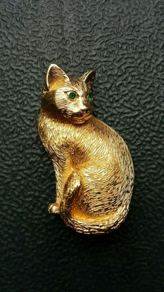 Vintage Christian Dior Cat Brooch With Green Crystal Eyes
