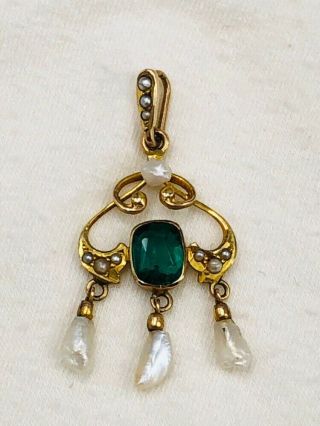 Antique Victorian 10k Yellow Gold Dog Tooth & Seed Pearls Lavaliere Pendant