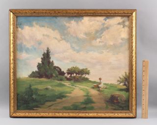 Antique David Clark American Impressionist Landscape & Young Girl Oil Painting
