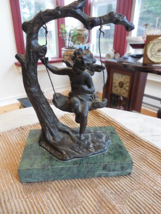 Vintage Signed Auguste Moreau Cherub/angel On Swing Bronze Figural Art