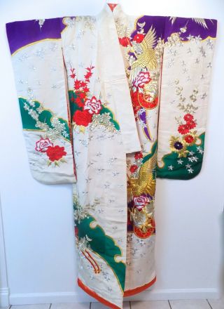 Vintage Long Ivory Handmade Silk Colorful Japanese Kimono Robe Ceremonial