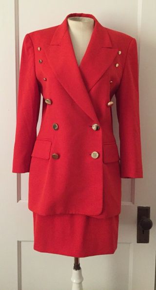Escada By Margaretha Ley Vintage 80s Red Orange Power Suit Jacket & Skirt 34/36