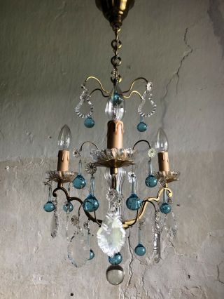 Very Elegant Vintage French 3 Arm Bronze Chandelier With Blue Murano Crystals.