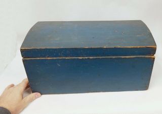 Antique Diminutive Dome Top Pine Blanket Box Chest In Blue Paint