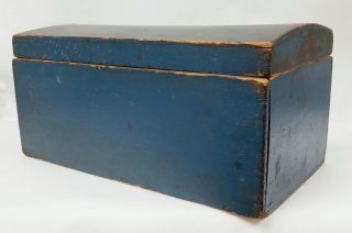 Antique Diminutive Dome Top Pine Blanket Box Chest in Blue Paint 2