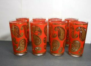 Vintage Culver Red Gold Paisley High Ball Tumbler Glasses Set Of 8