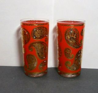 VINTAGE CULVER RED GOLD PAISLEY HIGH BALL TUMBLER GLASSES SET of 8 2