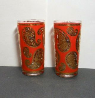 VINTAGE CULVER RED GOLD PAISLEY HIGH BALL TUMBLER GLASSES SET of 8 3