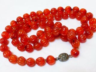 Chinese Vintage/antique Carved Carnelian Agate Bead Necklace,  98g Sterling Clasp