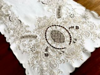 Vintage Hand Embroidered White Linen Taupe Silk Table Centre Runner Cloth 16x42”