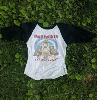 Vintage 80s Iron Maiden Powerslave 1985 Tour Raglan World Slavery Shirt Metal